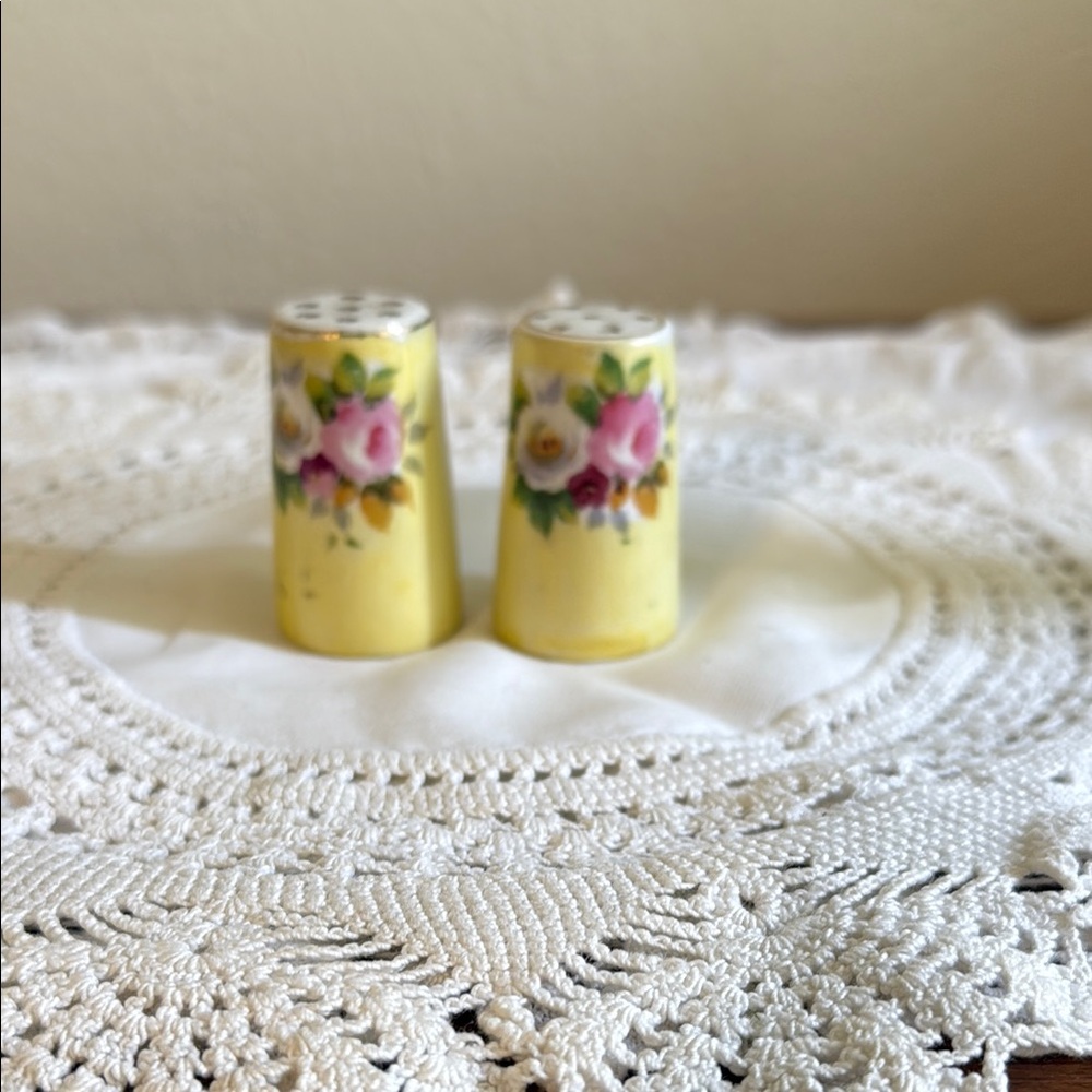 Antique Hand Painted Porcelain Floral Yellow Salt & Pepper Shakers